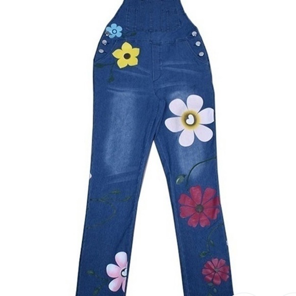 🌸L Blue Flower Power Denim Overalls - Picture 4 of 6